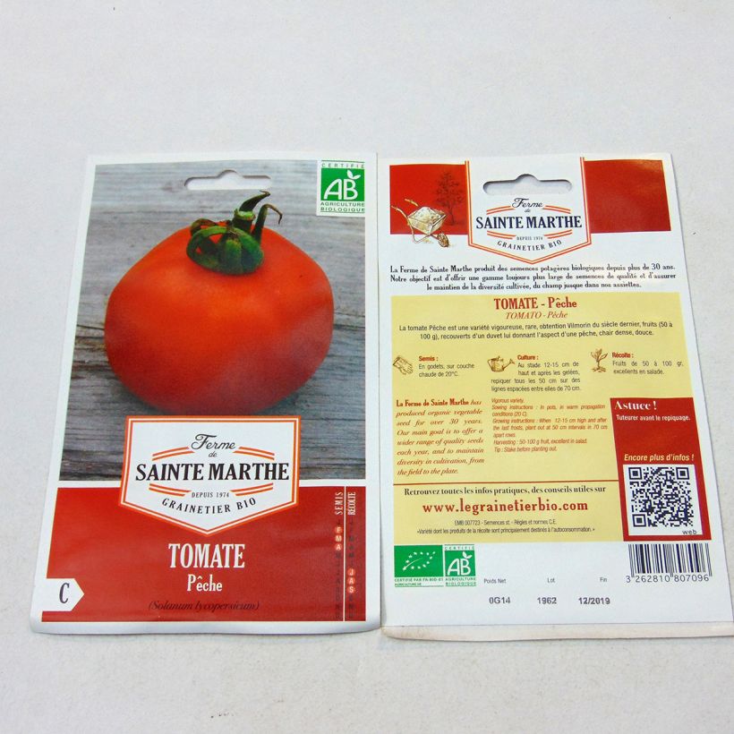 Exemplo de amostra de Tomate Pêche Bio – Ferme de Sainte Marthe o saco de 40 sementes aproximadamente tal como entregue