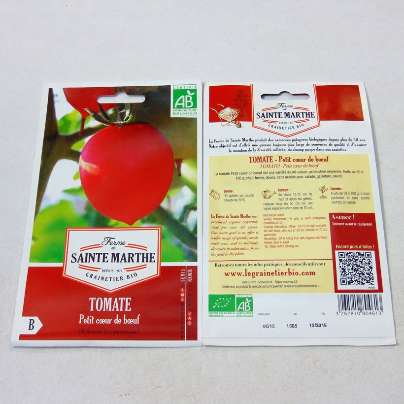 Exemplo de amostra de Tomate Petit Coeur de Boeuf Bio - Ferme de Sainte Marthe o saco de 50 sementes aproximadamente tal como entregue