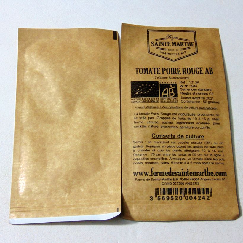 Exemplo de amostra de Tomate Poire rouge Bio - Ferme de Sainte Marthe o saco de 50 sementes aproximadamente tal como entregue