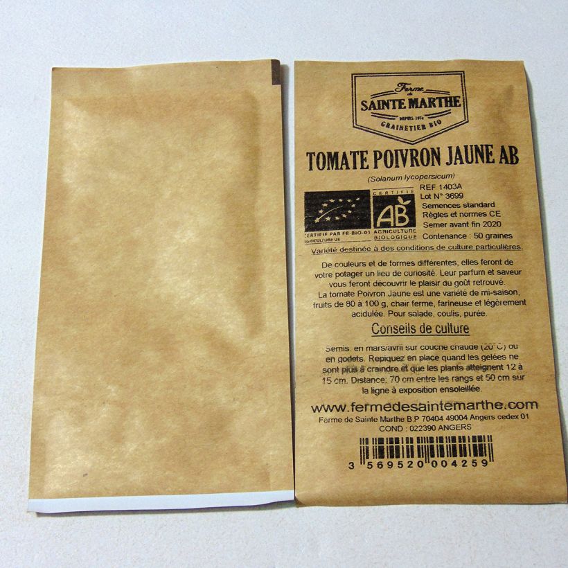 Exemplo de amostra de Tomate Poivron jaune Bio - Ferme de Sainte Marthe o saco de 50 sementes aproximadamente tal como entregue