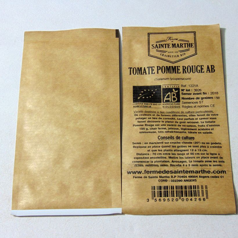 Exemplo de amostra de Tomate Pomme rouge Bio - Ferme de Sainte Marthe die Tüte mit 50 Samen tal como entregue