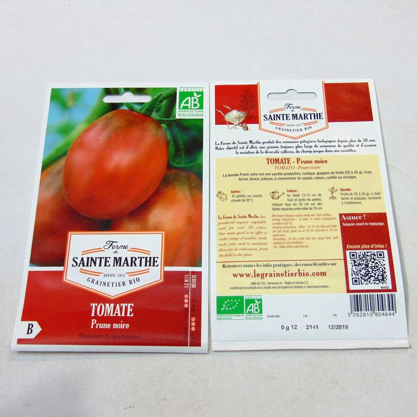 Exemplo de amostra de Tomate Prune Noire Bio - Ferme de Sainte Marthe o saco de 40 sementes aproximadamente tal como entregue