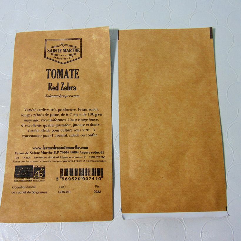 Exemplo de amostra de Tomate Red Zebra Bio - Ferme de Sainte Marthe die Tüte mit 50 Samen tal como entregue