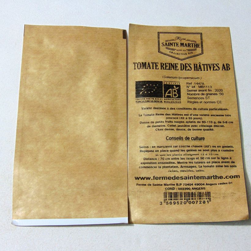 Exemplo de amostra de Tomate Reine des hâtives Bio - Ferme de Sainte Marthe die Tüte mit 50 Samen tal como entregue