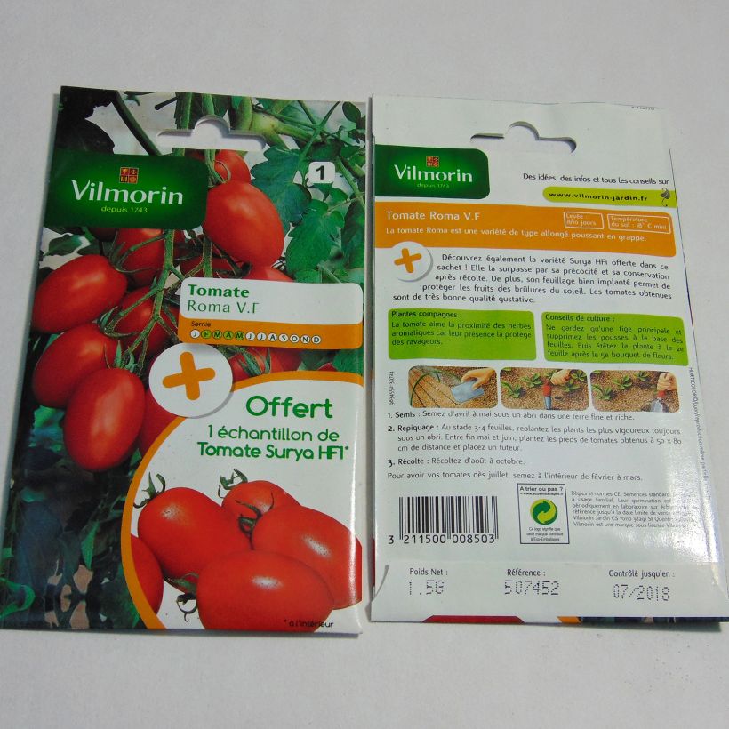 Exemplo de amostra de Tomate Roma V.F  + échantillon Tomate Surya - Vilmorin die Tüte mit 450 Samen (1.5g) tal como entregue