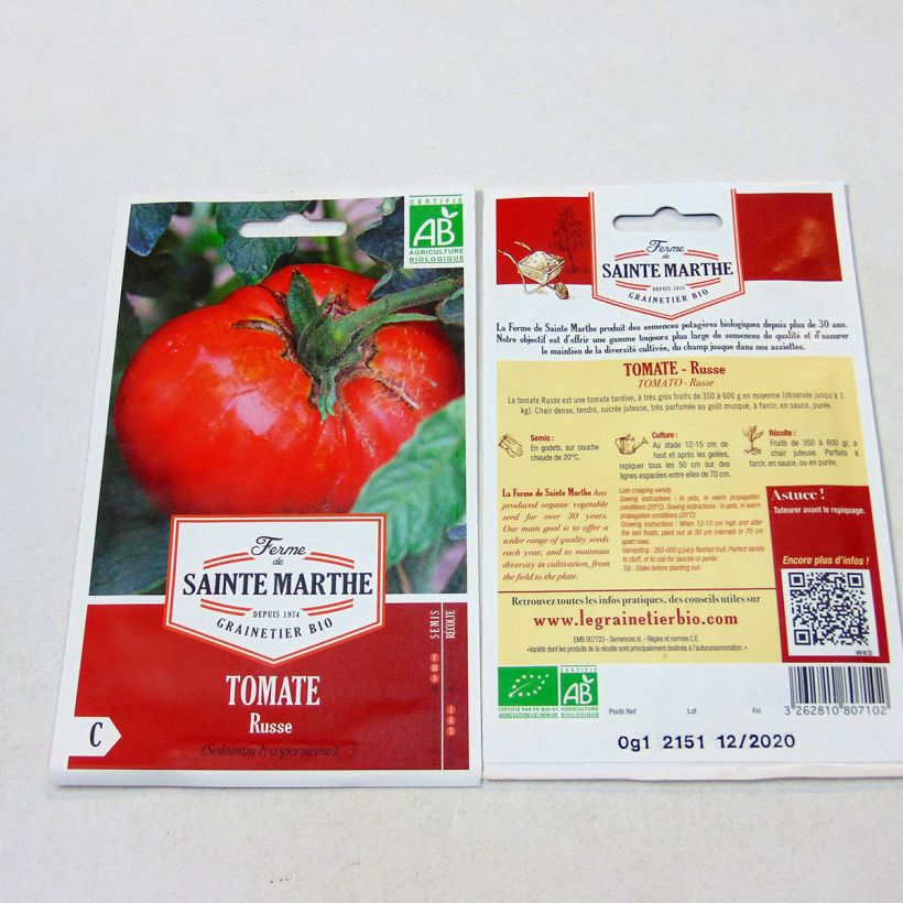 Exemplo de amostra de Tomate Russe rouge Bio - Ferme de Sainte Marthe die Tüte mit 30 Samen tal como entregue