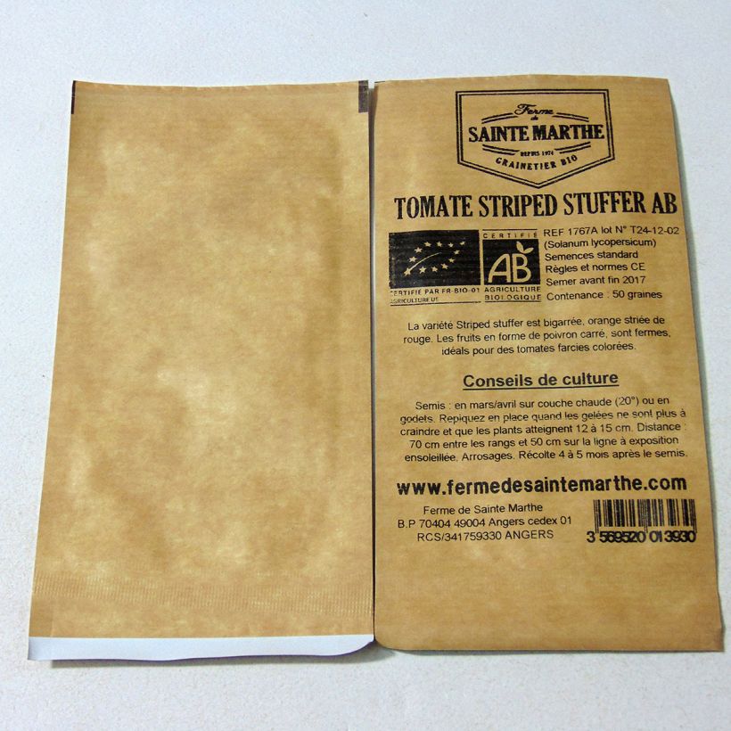Exemplo de amostra de Tomate Striped Stuffer Bio - Ferme de Sainte Marthe die Tüte mit 50 Samen tal como entregue
