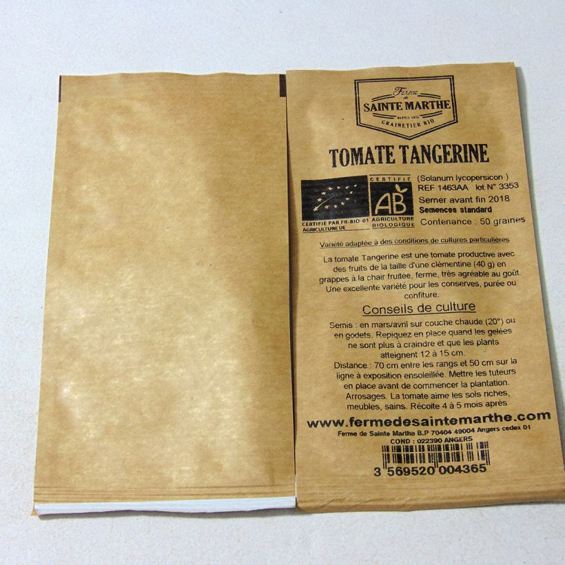Exemplo de amostra de Tomate Tangerine Bio - Ferme de Sainte Marthe  die Tüte mit 50 Samen tal como entregue