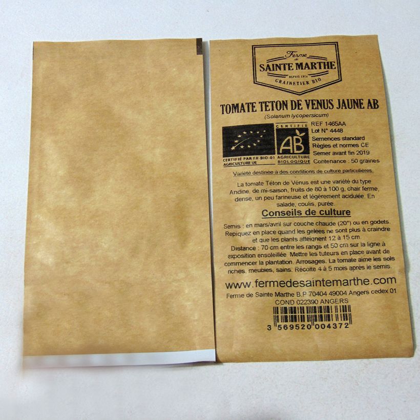 Exemplo de amostra de Tomate Téton de Venus jaune Bio - Ferme de Sainte Marthe die Tüte mit 50 Samen tal como entregue