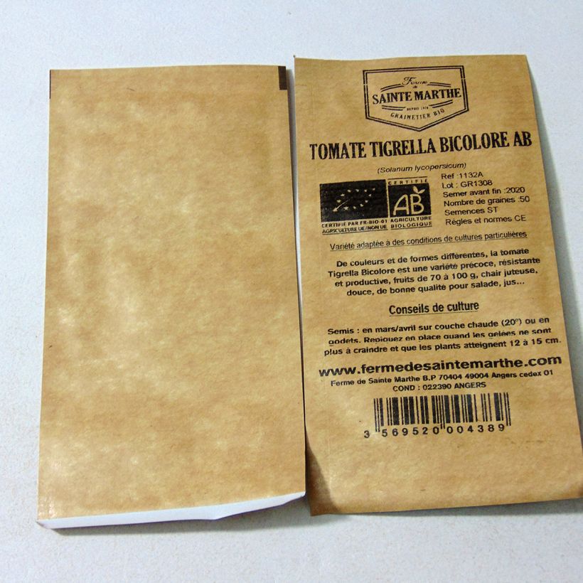 Exemplo de amostra de Tomate Tigerella bicolore Bio - Ferme de Sainte Marthe o saco de 50 sementes aproximadamente tal como entregue