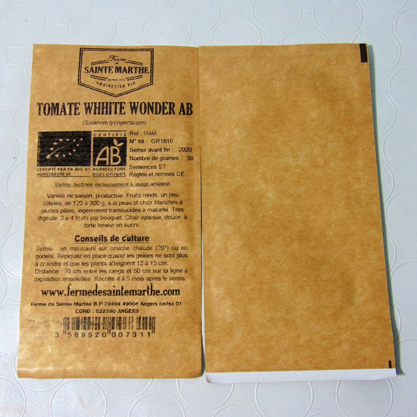 Exemplo de amostra de Tomate White Wonder Bio - Ferme de Sainte Marthe die Tüte mit 50 Samen tal como entregue