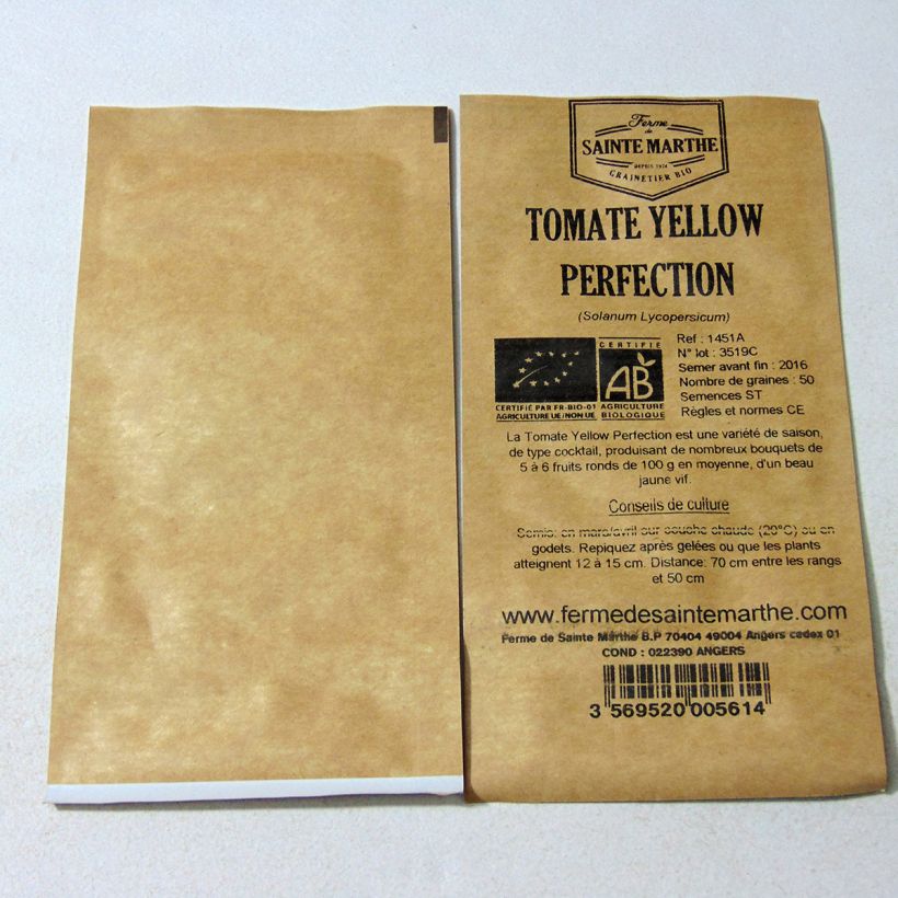 Exemplo de amostra de Tomate Yellow Perfection Bio - Ferme de Sainte Marthe die Tüte mit 50 Samen tal como entregue