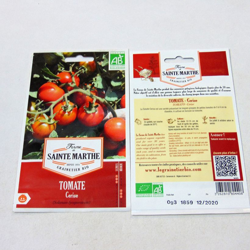 Exemplo de amostra de Tomate cerise Bio - Ferme de Sainte Marthe die Tüte mit 50 Samen tal como entregue