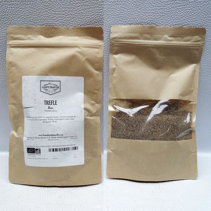 Exemplo de amostra de Trèfle blanc Bio - Engrais vert - Ferme de Sainte Marthe o saco de sementes de 150 gramas tal como entregue