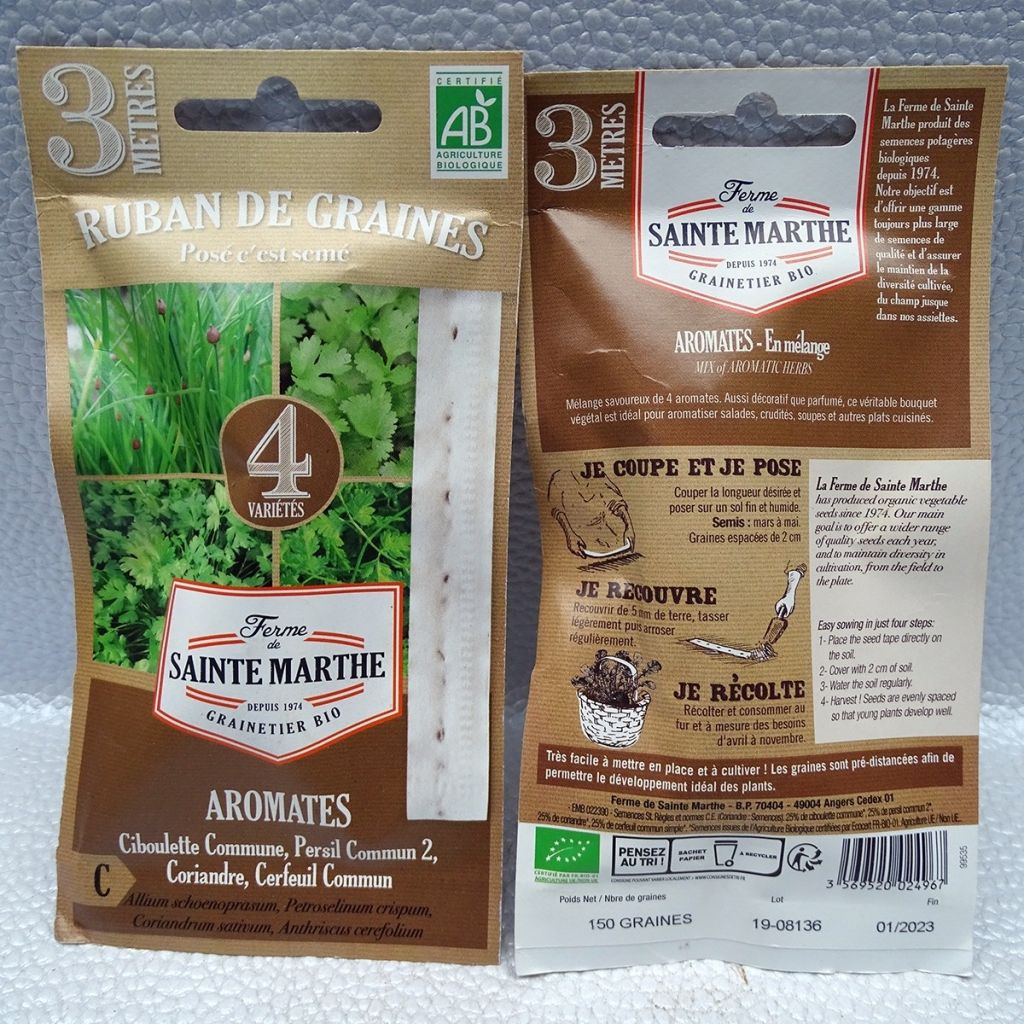 Cartela Fita de Aromáticas em Mistura (Cebolinho-comum - Salsa-comum 2 - Coentros - Cerefólio-comum) - Biológico - Ferme de Sainte Marthe