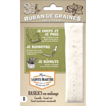 Fita de sementes de Mistura de Manjericões (Manjericão Canela - Manjericão Gigante Monstruoso - Manjericão Grande Verde) - Ferme de Sainte Marthe Bio
